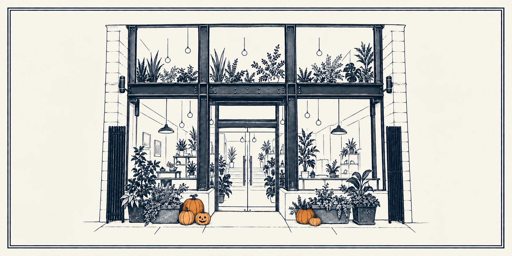 Illustrated clubhouse entrance with pumpkins